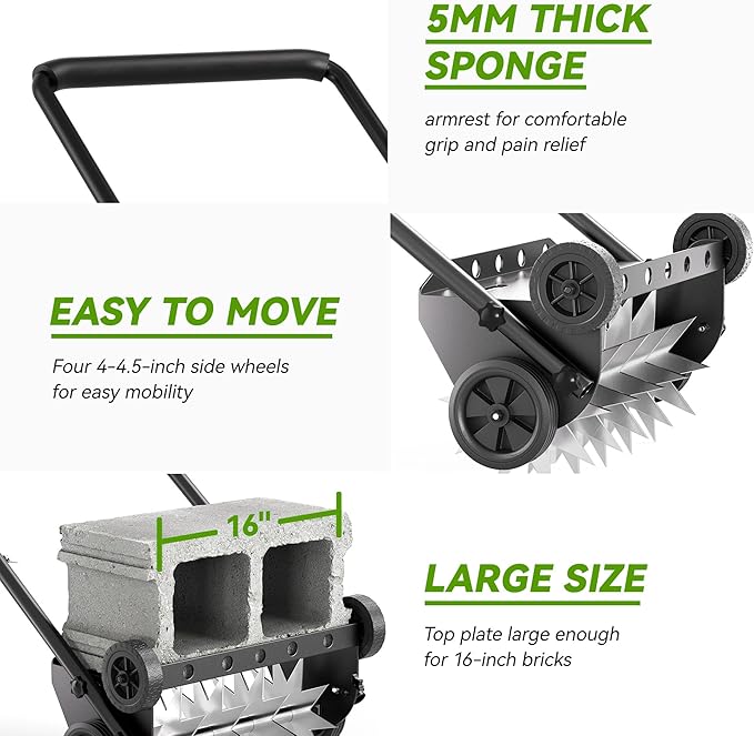 Lineware 18-Inch Lawn Aerator,Heavy Duty Push Spike Aerator with 4 Wheels,Aerator Lawn Tool with Steel Handle, Manual Aerator Lawn Tool with Foam Armrests, Suitable for Lawn, Garden and Yard