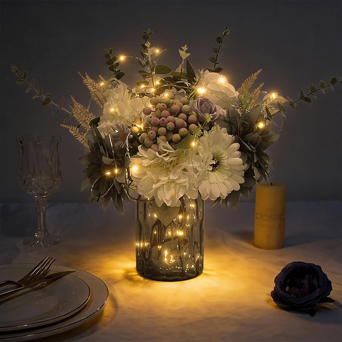 Fake Flowers in Vase, Dusty Blue Artificial Flowers Arrangement in Vase, Fake Floral Table Centerpieces for Kitchen Farmhouse Coffee Table Living Room Cemetery Gravesites Decor