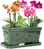 Orchid Pot with Holes12 Inch Ceramic Plant Pots with Drainage Holes and Tray, Promoting Air Circulation and Drainage, Indoor/Outdoor Green Flower Pots