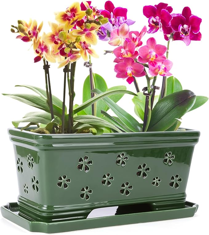 Orchid Pot with Holes12 Inch Ceramic Plant Pots with Drainage Holes and Tray, Promoting Air Circulation and Drainage, Indoor/Outdoor Green Flower Pots