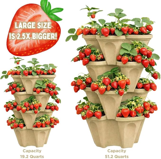 Large Vertical Planter Tower, 4 Tier Stackable Garden Planter, 28 Plant Sites, Heavy Duty Strawberry Planter, Vertical Growing System with Center Hole, Made in USA (Desert Sand)