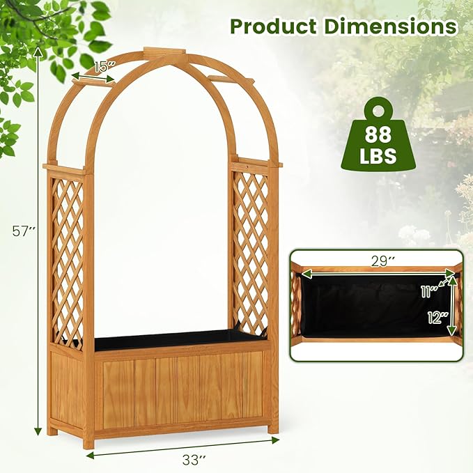 Giantex Set of 2 Raised Garden Bed with Arch Lattice Trellis, for Climbing Vine Flower Vegetable, Wood Planter Box with Liner & Drainage Design, Outdoor Plant Container for Yard Balcony (33"x15"x57")