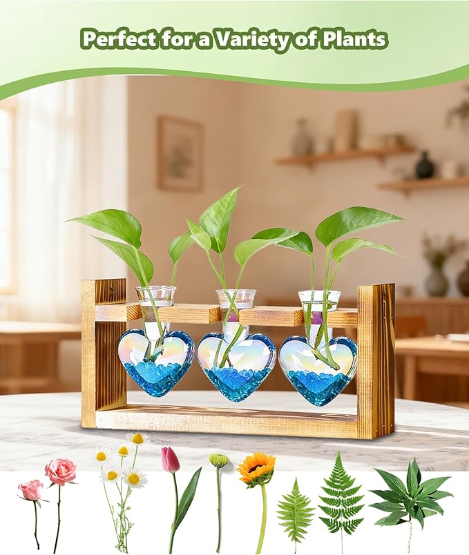 Nacome Plant Terrarium Propagation Stations: Mothers Day Gifts for Mom Plant Lovers Women Wife Daughter - 3 Bulb Glass Vase with Wooden Stand Tabletop for Hydroponics Home Garden Decor(Iridescent)