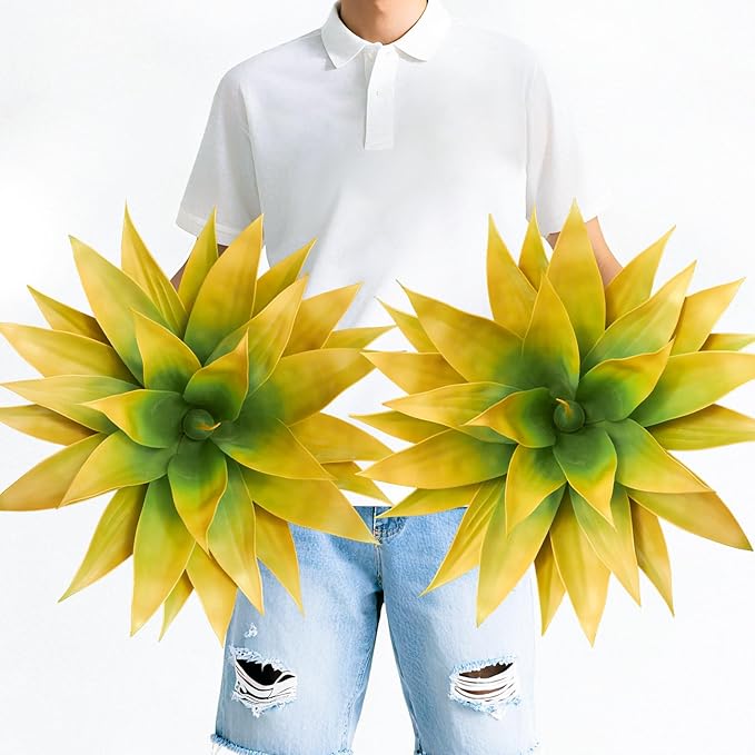 Artificial Agave Plants, Realistic UV Resistant Fake Aesthetic Plants for Outdoor Indoor, Home Decor for Garden, Porch, Doorway, Patio (2PCS, Yellow, Large)