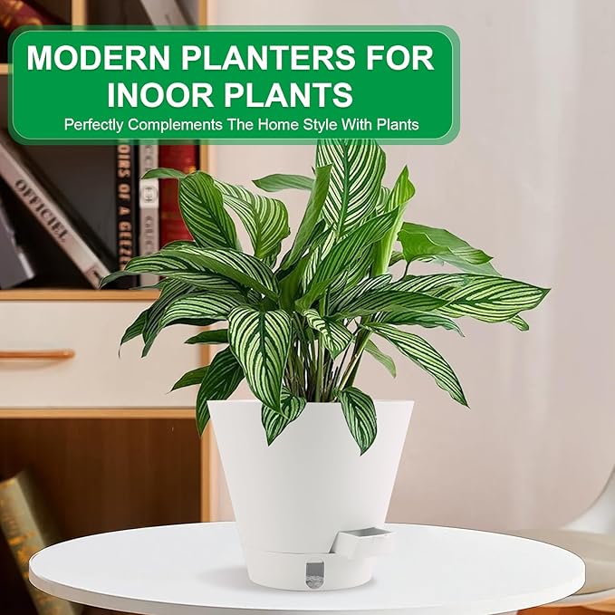 Pottiffe Self-Watering-Pots-for-Indoor-Plants, 8 Inch Flower Pots for Indoor Plants, 3 Pack Plastic Planters with Drainage Holes and Saucers
