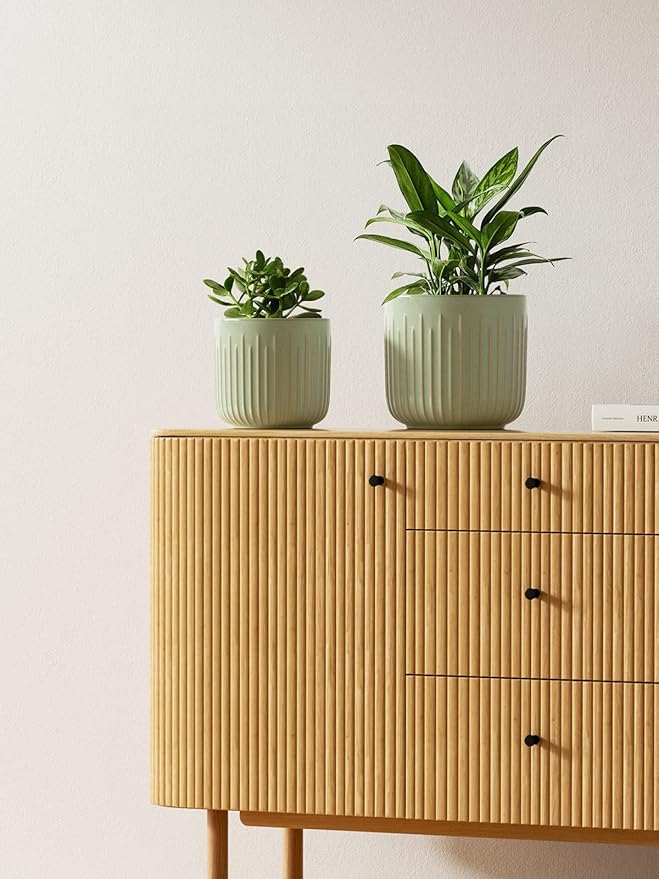 LE TAUCI Ceramic Pots for Plants, 8.3/7/6 Inch Indoor Planters with Drainage Holes & Mesh, Modern Glossy Glaze Cylinder Fluted Plant Pot for Snake Plant, Set of 3, Sage Green