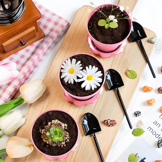 20 Pcs Nursery Pots with Humidity Dome, Cupcake Plant Nursery Pots with Bring A Plate and Shovel, Planting Cups for Seeds for Indoor Gardening and Plant Propagation(Pink)