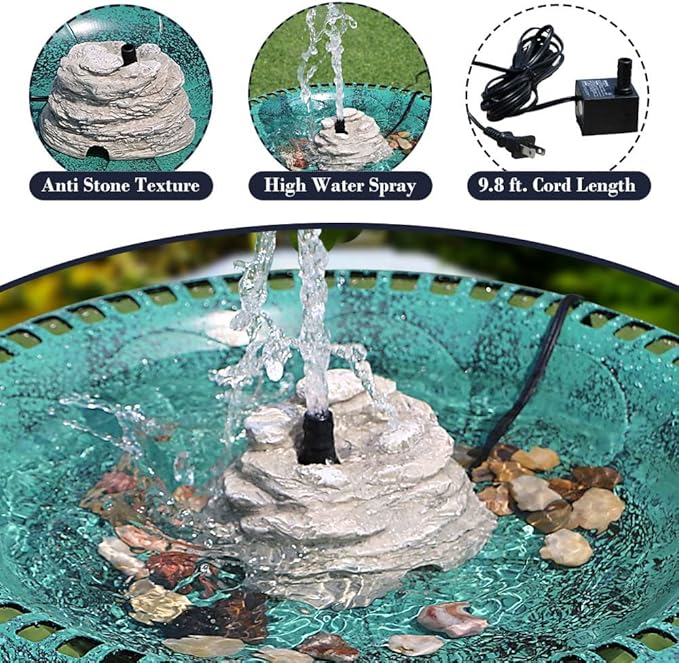 Bird Bath Water Fountain Resin Rock Fountain with 9.8ft Cord Length Water Pump Rock Waterfall for Hummingbird Birdbath Outdoor Decor for Garden Lawn Fish Tank and Aquariums (Grey)
