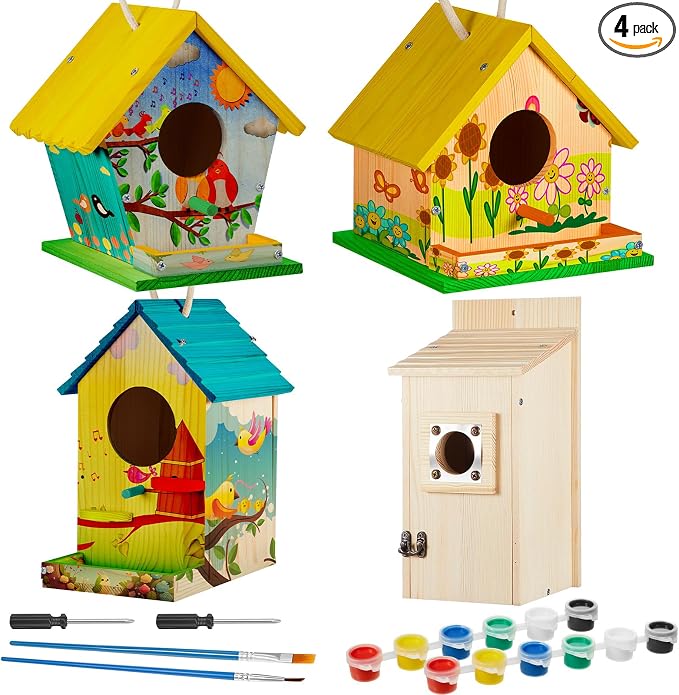Liliful 4 Pack Birdhouse Crafts for Kids, Wooden Creative DIY Bird House Kits Arts and Crafts Set for Kids and Adults, Spring Birthday Gifts for Toddlers Ages (Playful Style)