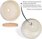 8 Inch Ceramic Succulent Planter Pots with Drainage Hole Flower Pot for Indoor Plants Round Shallow Bonsai Pot with Bamboo Tray White