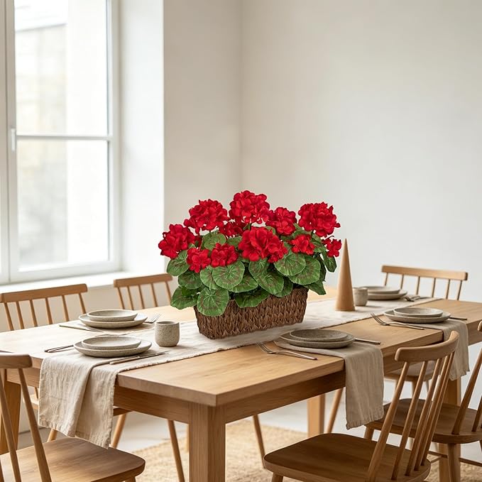 Briful Artificial Geraniums Flowers in Woven Basket Planter, Real Faux Red Silk Geranium Blooms for Outdoor Patio Porch, 13.8" Fake Potted Plant for Home Office Indoor Window Table Centerpiece Décor