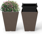 Giantex Square Taper Planter Set of 2, Self-Watering Flower Pots with/Removable Inner Bucket & Drainage Holes, Indoor Outdoor Decorative Plant Container for Porch Balcony (Brown,10"x10"x14")