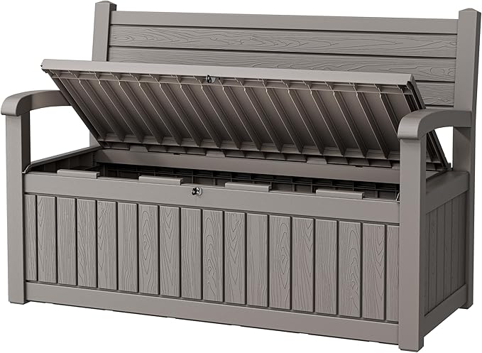 80 Gallon Outdoor Storage Bench Waterproof, Storage Outdoor Porch Bench Doubles as 2-Person Bench Seat, Resin Stripes Deck Box for Cushions, Garden Tools and Pool Supplies Grey