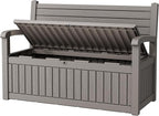 80 Gallon Outdoor Storage Bench Waterproof, Storage Outdoor Porch Bench Doubles as 2-Person Bench Seat, Resin Stripes Deck Box for Cushions, Garden Tools and Pool Supplies Grey