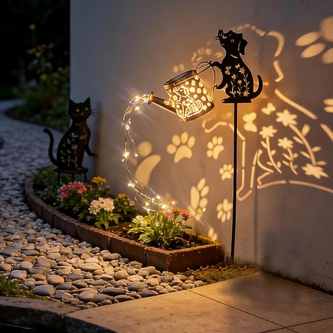 Solar Watering_Can with Light, Outdoor Garden Decoration, Featuring A Metal Dog Statue Garden Stake; Makes A Great Gift for Women, for Outdoor Landscaping, Lawns, and Pathway