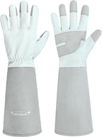 HANDLANDY Long Gardening Gloves for Men & Women, Thorn Proof Rose Pruning Gloves Leather Gauntlets Garden Glove Yard Work Glove (Silver Gray, Large)