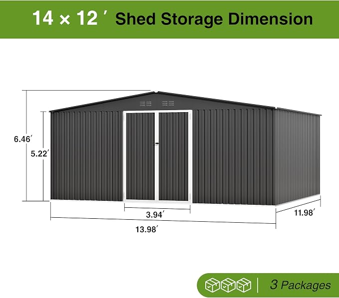 14 x 12FT Sheds & Outdoor Storage, Dark Grey Metal Waterproof Storage Shed with Door and Lock Outdoor Shed,All-Weather Shelter for Bike, Gardening Tools, Lawn Mowers