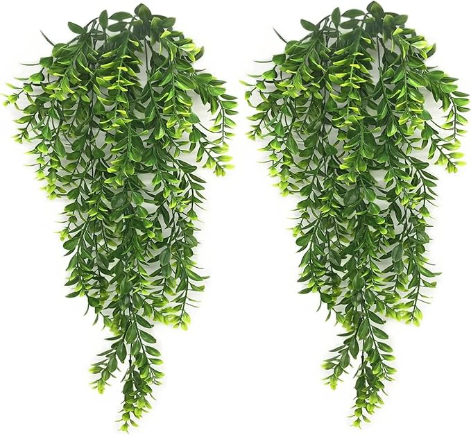 Artificial Hanging Vine, Faux Plastic Leaves Ivy Plants Fake Greenery Plant UV Resistant Vines Decor for Bedroom Indoor Outdoor Home Kitchen Garden Office Wall Wedding Christmas Decoration 2 Pack