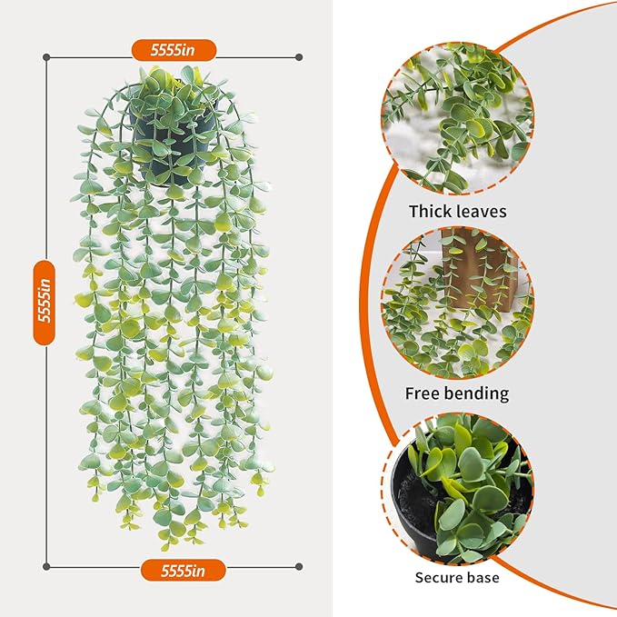 Freyalife 1Pcs Fake Plants Eucalyptus,Artificial Potted Faux Hanging Plants for Vintage Boho Home Living Bedroom Kitchen Farmhouse Bathroom Office Desk Book Shelf Wall Room Accessories Decor Indoor