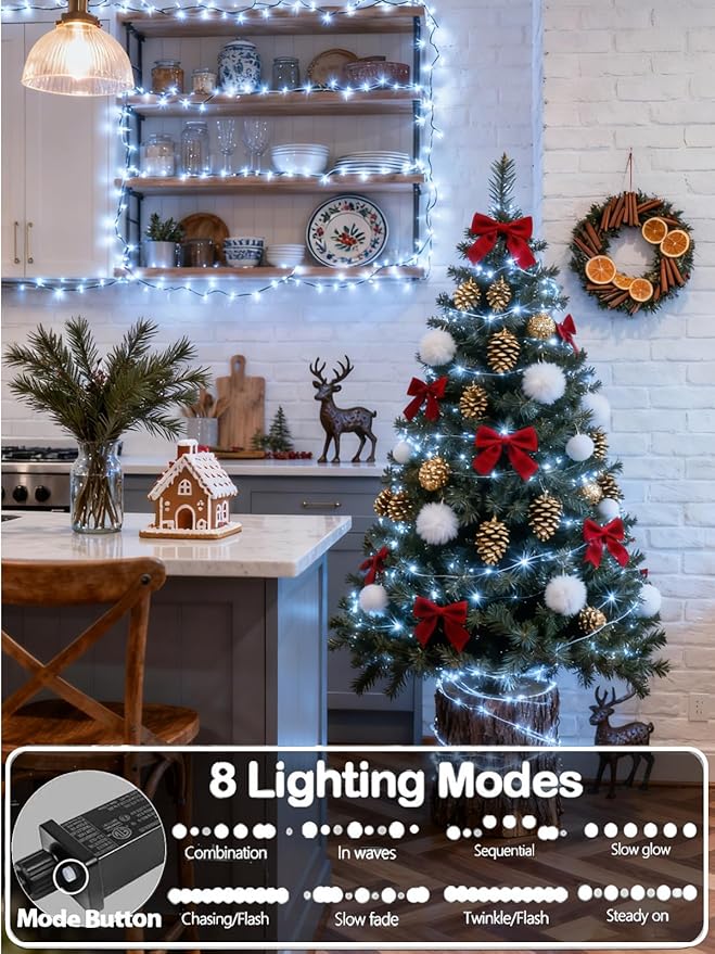 Upgraded 33 FT 100 LED Christmas Lights Outdoor Indoor, Extendable Waterproof White String Lights with Memory Function & Timer & 8 Modes Green Wire for Xmas Tree Holiday Party Garden Decor(Cool White)
