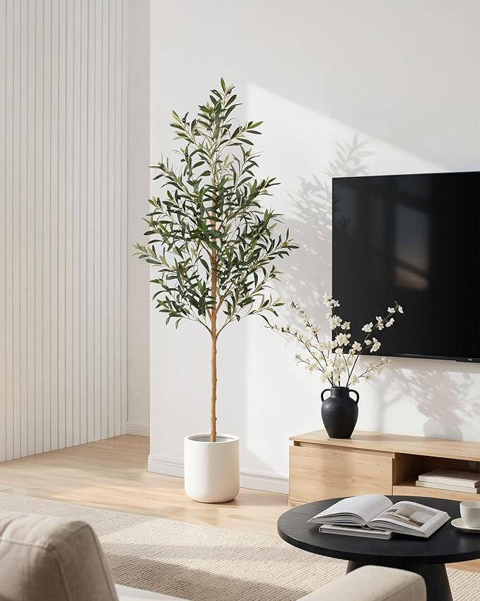 FLOWORLD 6FT Olive Trees Artificial Indoor, Tall Fake Olive Tree (72in) with Realistic Leaves and Olives, Sturdy Weighted Base,Large Faux Plants for Home Office, Living Room, Outdoor
