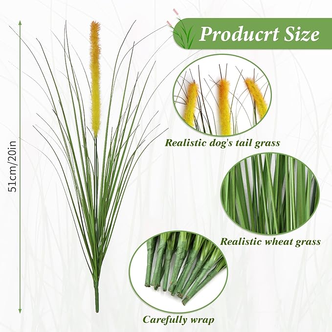 14PCS Artificial Yellow Dog Tail Grass Onion Grass UV Resistant Outdoors Faux Shrubs Ornamental Wheat Grass Cattails Faux Bushes Home Decor for Outdoor Garden