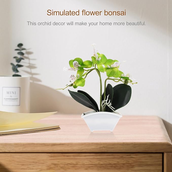 POPETPOP Artificial Orchid Flowers Mini Potted: Artificial Orchid in Pot Faux Orchid in Ceramic Vase Fake Flowers Arrangement Centerpiece Table Decorations for Home Office Green