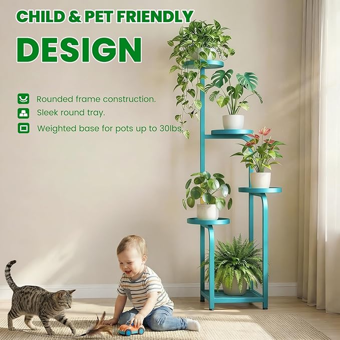 TOSKING 5 Tier Tall Plant Stand Indoor Outdoor,Anti-Tip Plant Stand indoor, Wide Base for Pots, Child and Pet Friendly,Heavy Duty Corner Shelf for Plants & Decor, Space Saving ,Tiered Metal Flower Pot Stand for Balcony, Garden, Living Room, Patio (Blue...