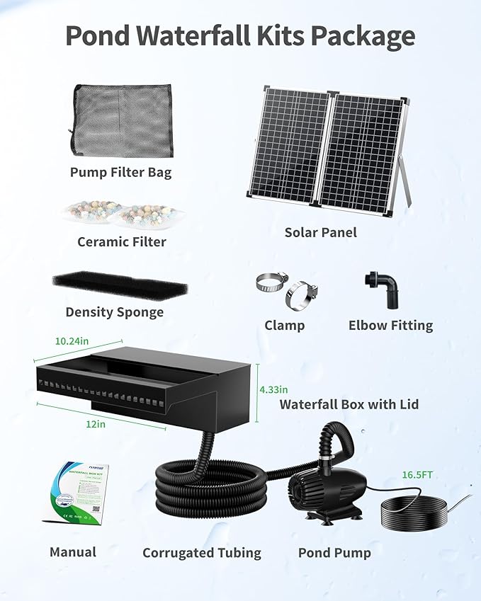 POPOSOAP 70W Solar Pond Waterfall Spillway with Fountain Pump, 304 Stainless Steel & Filtration System Pond Waterfall, 9.8FT Tubing for Koi Ponds, Garden Fountains & Landscape Water Features-P5703S