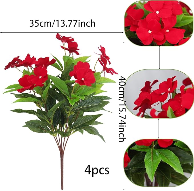 CITYES 4 Pcs Artificial Flowers Outdoor Impatiens UV Resistant Silk Impatiens Flowers Red Faux Flowers Impatiens Bushes Artificial Impatiens for Pot Patio Lawn Garden Hanging Basket Porch Decor