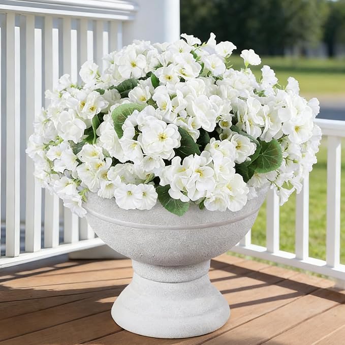 14Pcs Geranium Artificial Flowers for Outdoors Decoration Geranium Silk Flowers Outsides UV Resistant Garden Plants Faux Flower for Front Door Garden Porch Planter Patio Balcony Yard Indoor (White)