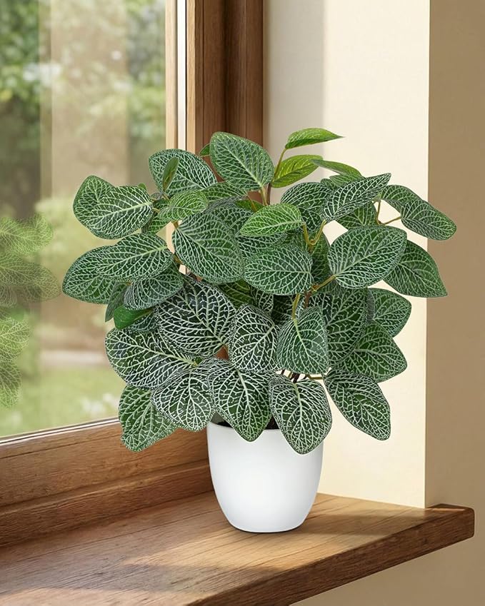 Oairse Artificial Fittonia Plants in White Pot - 15.7" Fake Nerve Plant Indoor Silk Faux Fittonia Plants Artificial Greenery Potted Small Faux Potted Plant for Office Desk Home Decor Shelf Bathroom