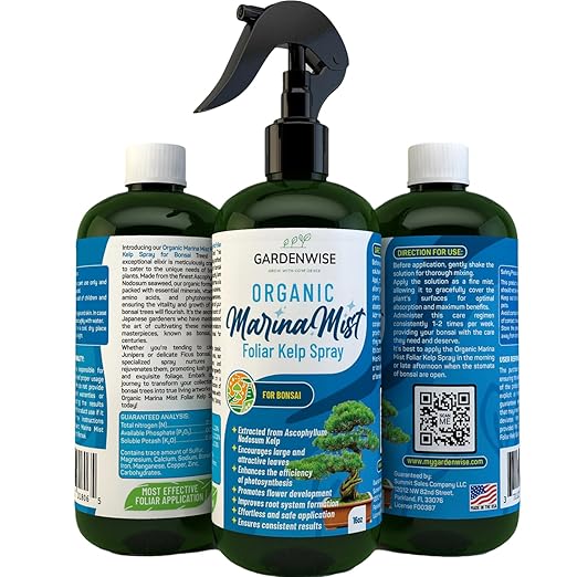 GARDENWISE Organic Marina Mist Foliar Spray for All Live Indoor and Outdoor Bonsai Tree Plants | Micro Nutrients for Vital Bonsai Health | Gentle Formula | Liquid Plant Food | Quick Results (8 oz)