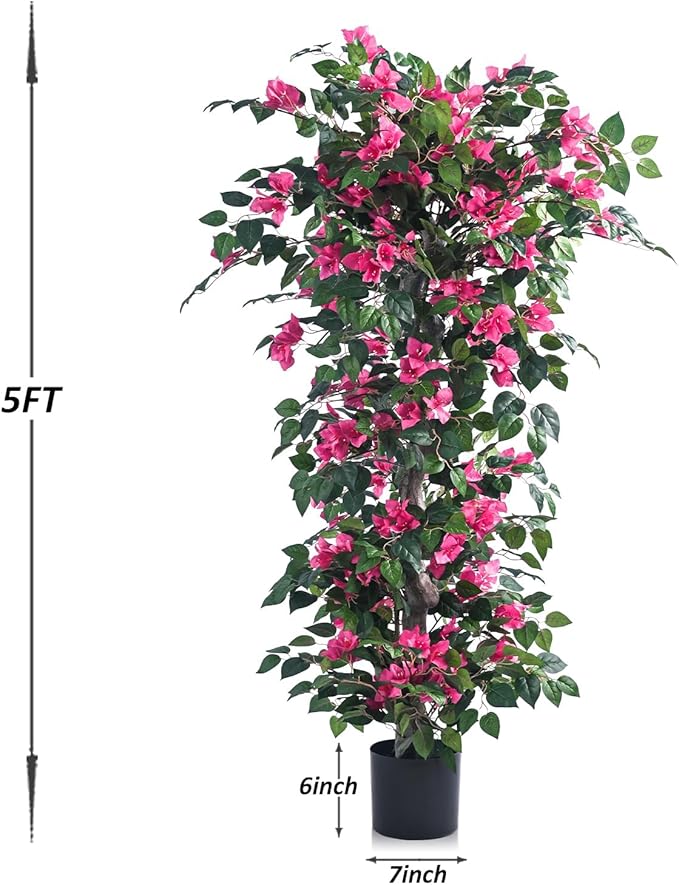 Artificial Bougainvillea Tree -5FT Faux Bougainvillea Tree with Realistic Flowers, Tall Fake Flower Tree for Indoor or Outdoor Decor, Silk Floral Plant for Living Room, Porch, Garden (Pink)
