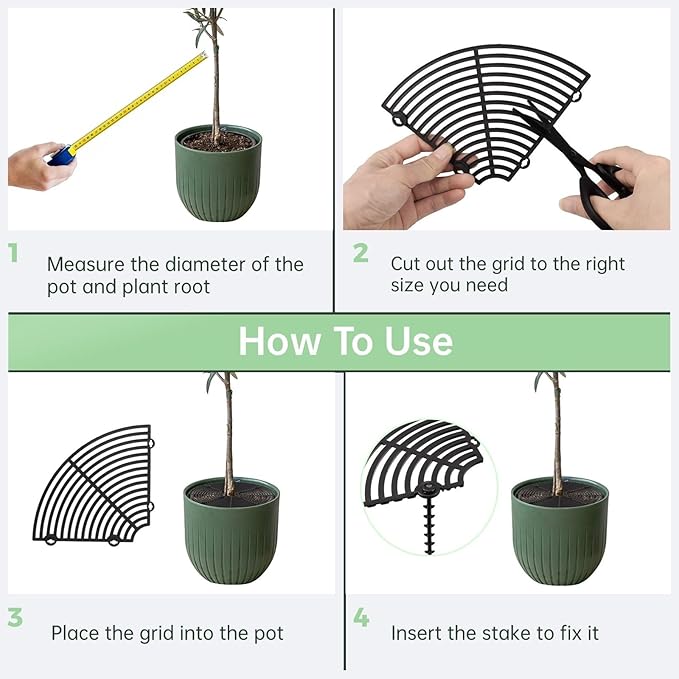 4 Pcs Flower Pot Cover, 11.8 in & 20.8 in Plant Pot Grid with Stakes, Cuttable Abs Plant Protectors, Pet Digging Deterrent for Indoor & Outdoor Plants