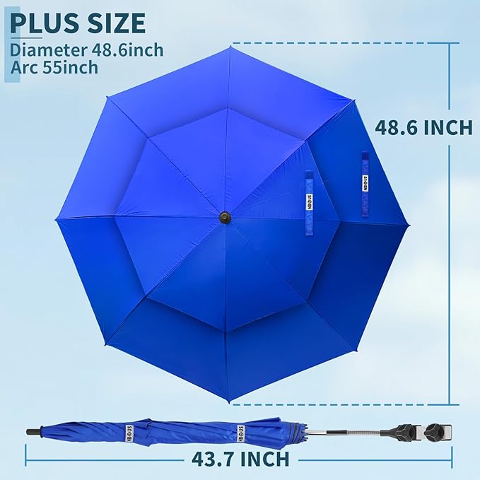 48.6" Double Canopy Beach Umbrella with Clamp, UPF50+ Beach Chair Umbrella with clip(Cobalt Blue)