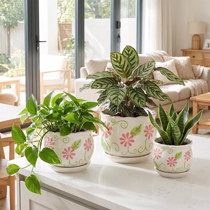 Pink Ceramic Flower Pots, 4"+5.2"+6.6" Inch Small Flower Pots for Indoor Plant with Drainage Hole,Modern Decorative Plant Pots Set of 3, Indoor Planters with Saucer