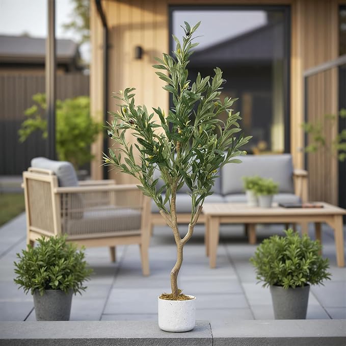 4FT Artificial Olive Tree in Pot, Tall Fake Floor Plants Faux Olive Tree with Silk Leaves & 20 Fruits, Decorative Evergreen Artificial Plants Indoor for Home Front Door Office Decor