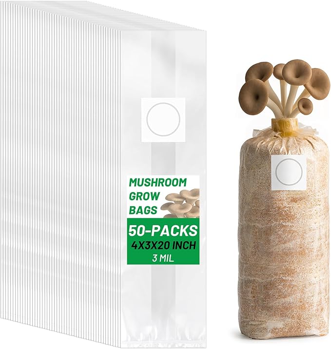 GREANER Mushroom Grow Bags 3 Mil, 4"x3"x20" Thick Autoclave Spawn Bags with Injection Port for Your Grain-50PCS