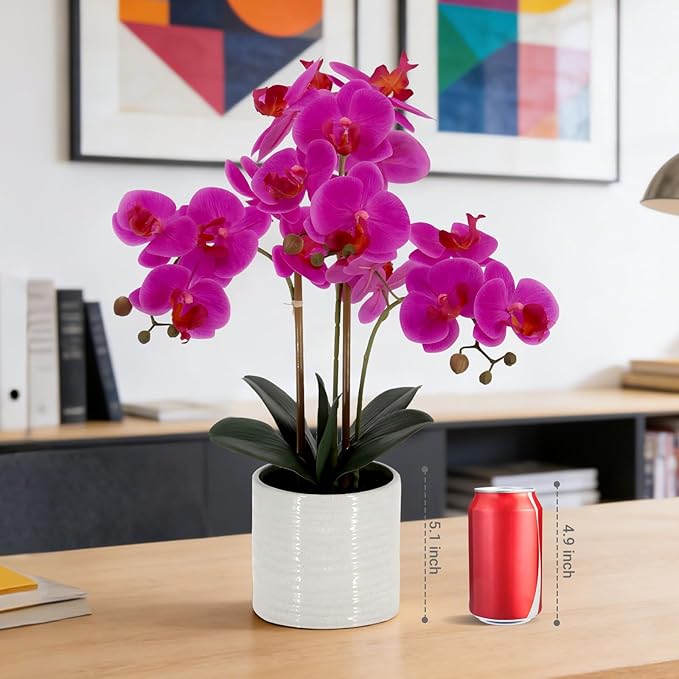 Artificial Orchid Flowers Fake Phalaenopsis Plant in Pot, 23" Tall Faux Orchids for Home Decor Indoor, Lifelike Silk Flowers for Centerpieces Office Arrangement-Dark Pink