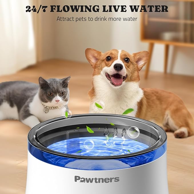 Pawtners Pet Dog Water Fountain with Vortex Filter, 1 Gal/3.5L Water Bowl Dispenser for Medium Small Dog/Cat, Automatic No Spill Cat Fountain for Inside, Deep Drinking Area and Quiet Pump, 6.7" H