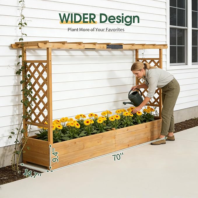 VINGLI 45 in Raised Garden Bed with Trellis & Hanging Roof, Wooden Elevated Planter Box with Drainage Holes for Outdoor Climbing Plants Vegetables Flowers, Patio Yard Balcony (Teak Color, Wider)