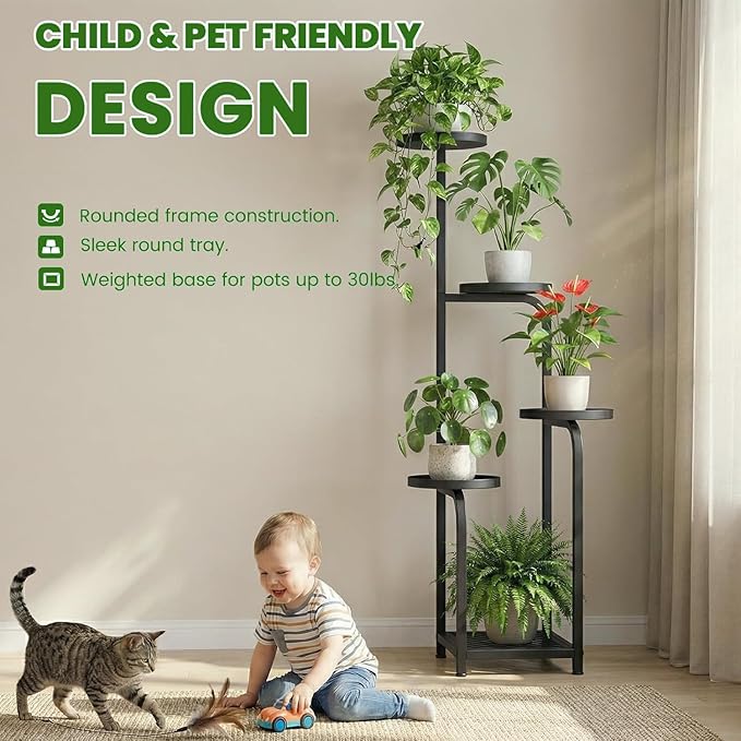 TOSKING 47" Tall 5-Tier Square Iron Plant Stand with Detachable Grow Light ,Heavy Duty Corner Flower Shelf for Indoor Use, Metal Pot Rack for Living Room, Bedroom, Office, Black