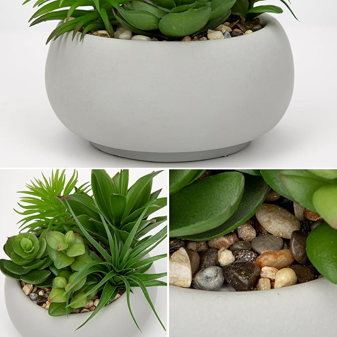 Hollyone Succulents Plants Artificial in Pots Fake Succulents for Outdoors Indoor Faux Succulent Arrangement Potted Plant in Cement Planter Bowl for Garden Office Desk Shelf Living Room Home Decor