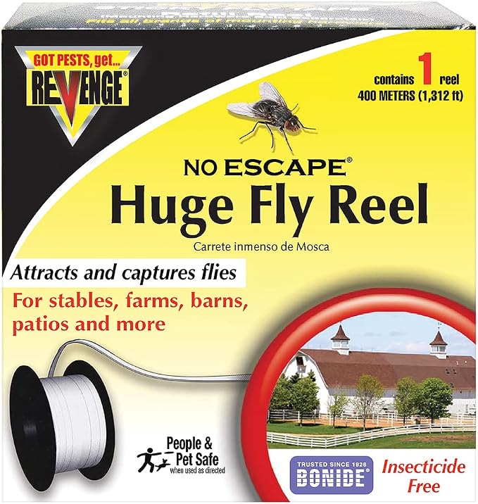 Revenge No Escape Huge Fly Reel Sticky Tape Trap, 1,312' Indoor Outdoor Hanging Disposable Fly Strip, Non-Toxic People and Pet Safe