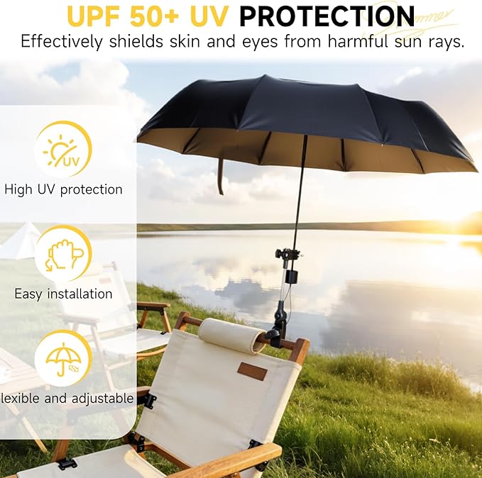 Chair Umbrella with Universal Clamp, Double Canopy Sunshade, Adjustable 360° Swivel, UPF 50+ UV Protection, Clip On Umbrella for Beach Chair, Camping Chair Patio, Stroller, Wheelchair Golf Cart 100cm/39.4in