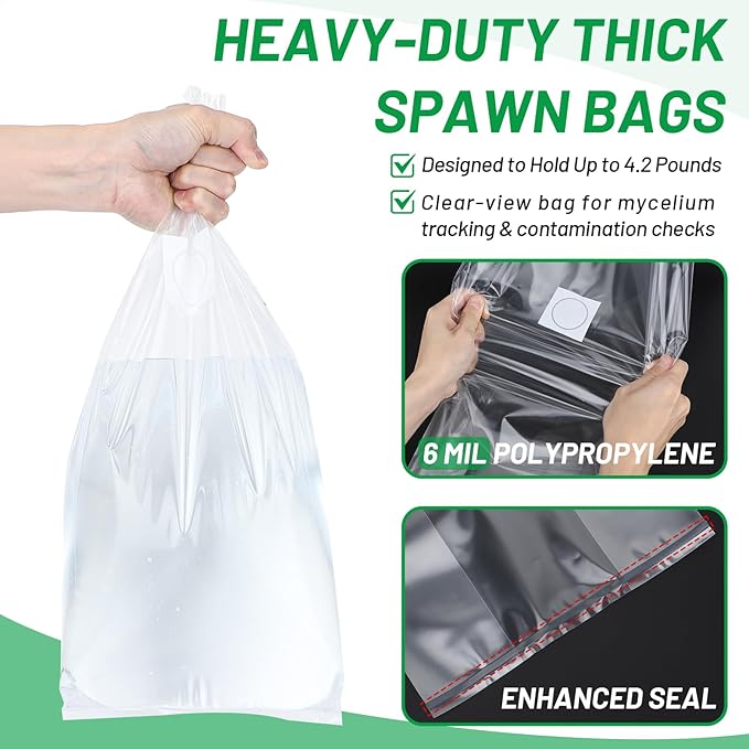 GREANER 6 Mil Mushroom Growing Kit, 50 Packs 8"x5"x20" Mushroom Growing Bag with Injection Ports, Psilocybin Spores with 0.2 Micron Filter Breathable