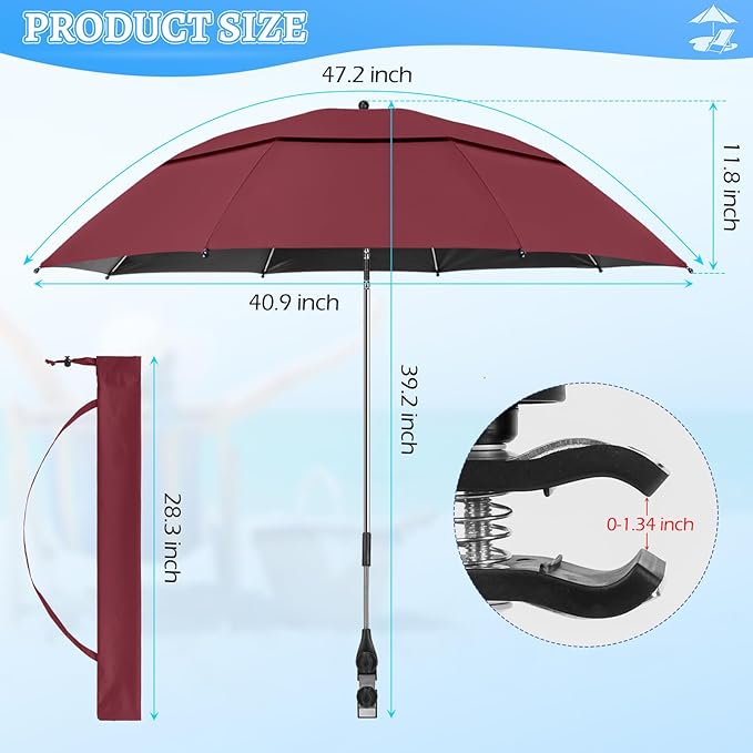 2 Pack 40.9'' Beach Chair Umbrella with 360° Adjustable Canopy & 270° Flexible Clamp, Double Canopy Sun Protection for Wheelchair, Patio, Golf Cart, Camping