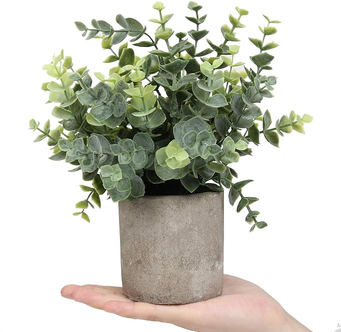 Flojery Mini Potted Plants Artificial Eucalyptus Boxwood Rosemary Faux Herbs Small House Plants 8.3"-9" Tall for Indoor Greenery Tabletop Décor Centerpiece (Sprayed Eucalyptus)