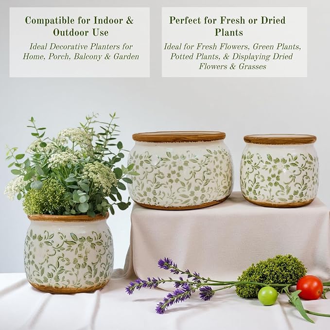 Vintage Ceramic Flower Pots - Indoor Outdoor Planters with Drainage Holes & Filter Screen, 6.5’’& 9’’ Rustic Farmhouse Decorative Plant Pots for Garden/Patio (Green Vines, Small to Large Bundle)